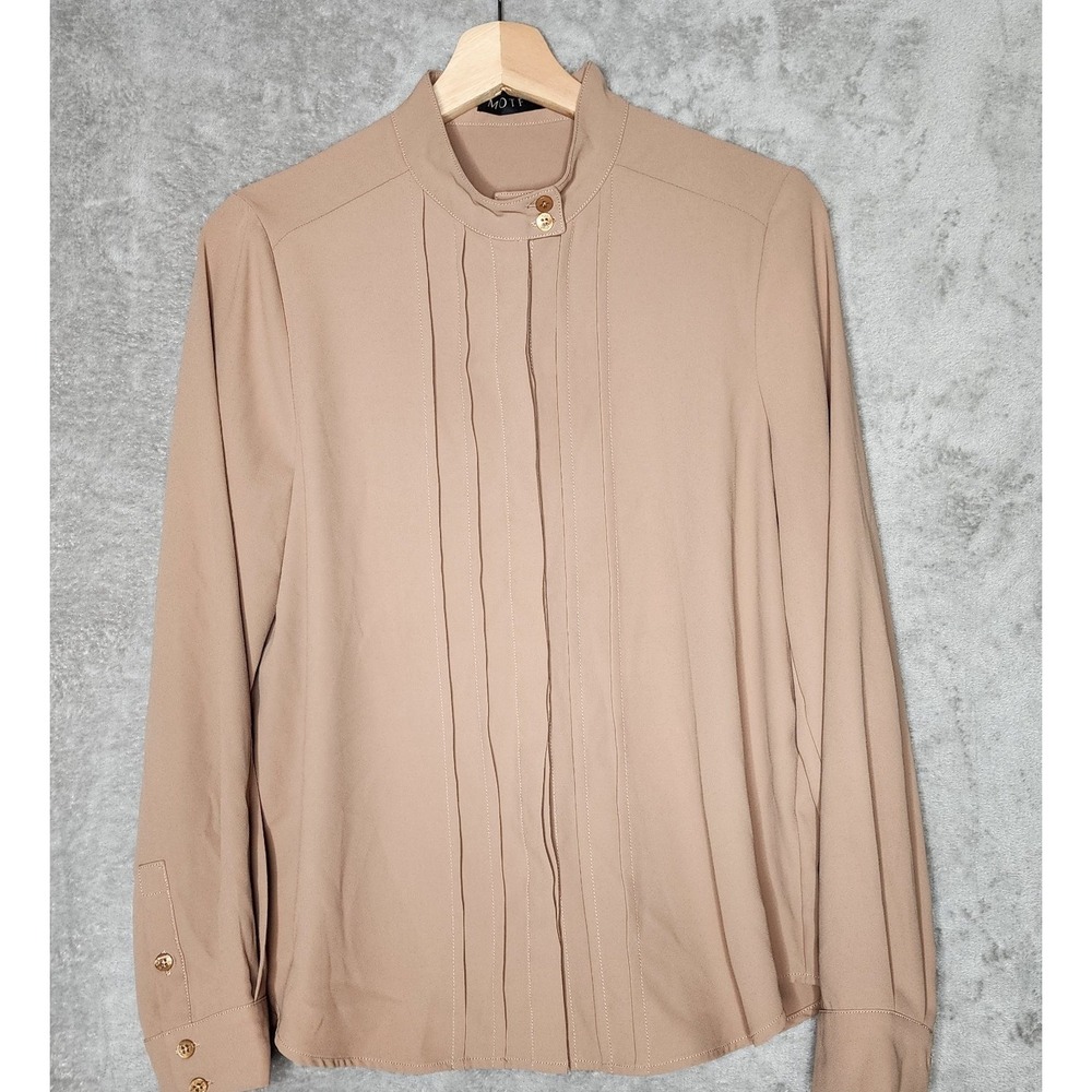 Motf Secretary Pleated Mock Neck Long Sleeve Hidden Button Down Blouse Tan S - Picture 4 of 8